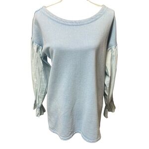 Anthropologie Pilcro Mixed-Media Pullover Top Ruffle Cuff Blue Size Small NWT